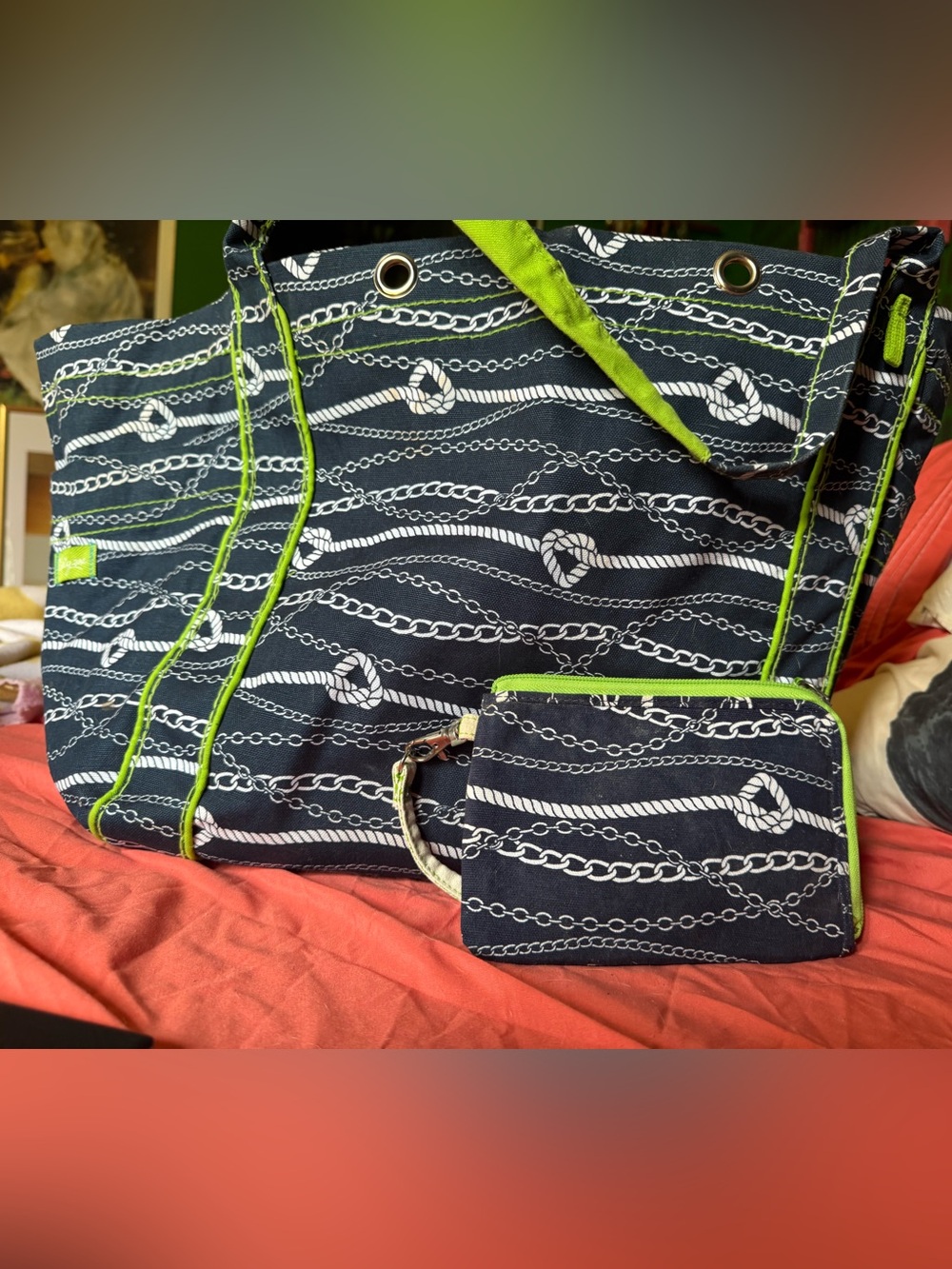 Navy Nautical Chain Print Tote with Lime Trim
